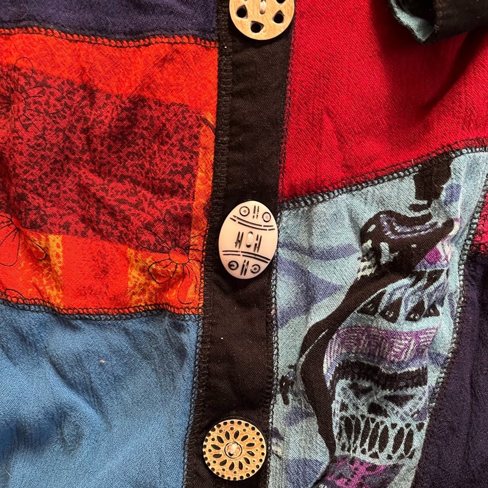 La Cera Patchwork Button Up Whimsical Boho Multic… - image 7